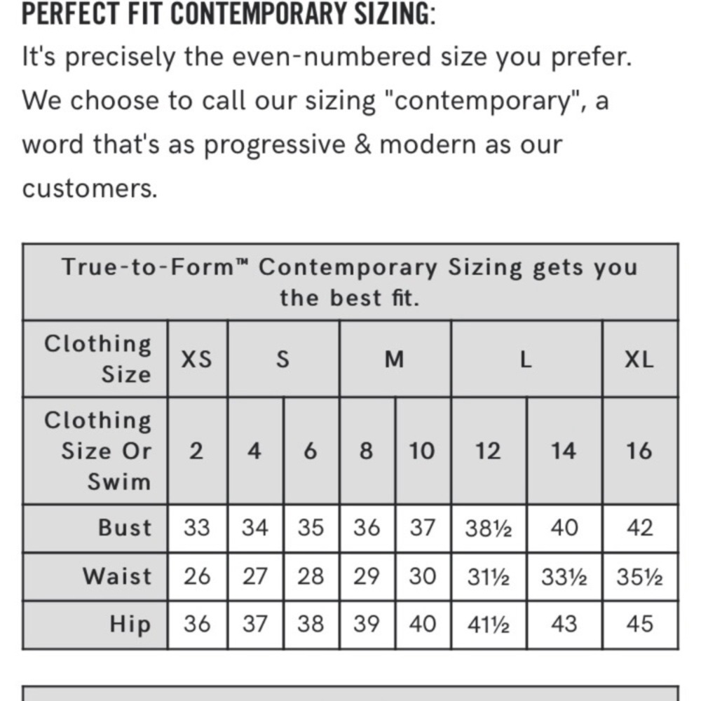 Venus size chart contemporary sizing